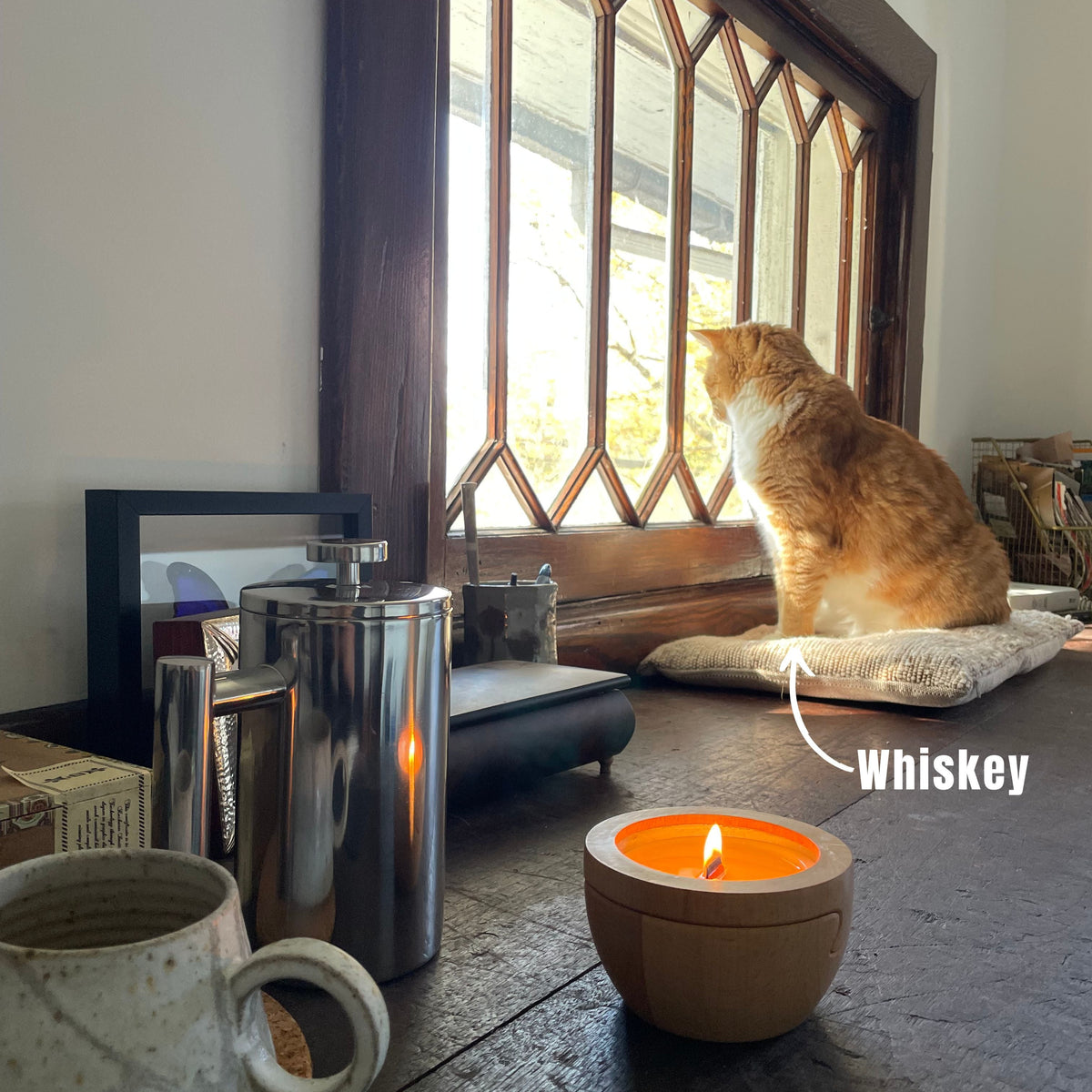 A ginger cat rests in a sunlit window a few feet from a lit Sero candle in its beech wood container.