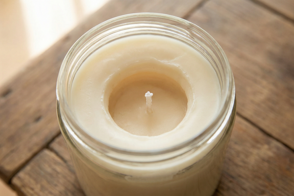 Overhead view of a glass jar candle with tunneling - a ring of unused wax surrounds a deep crater burned down the center