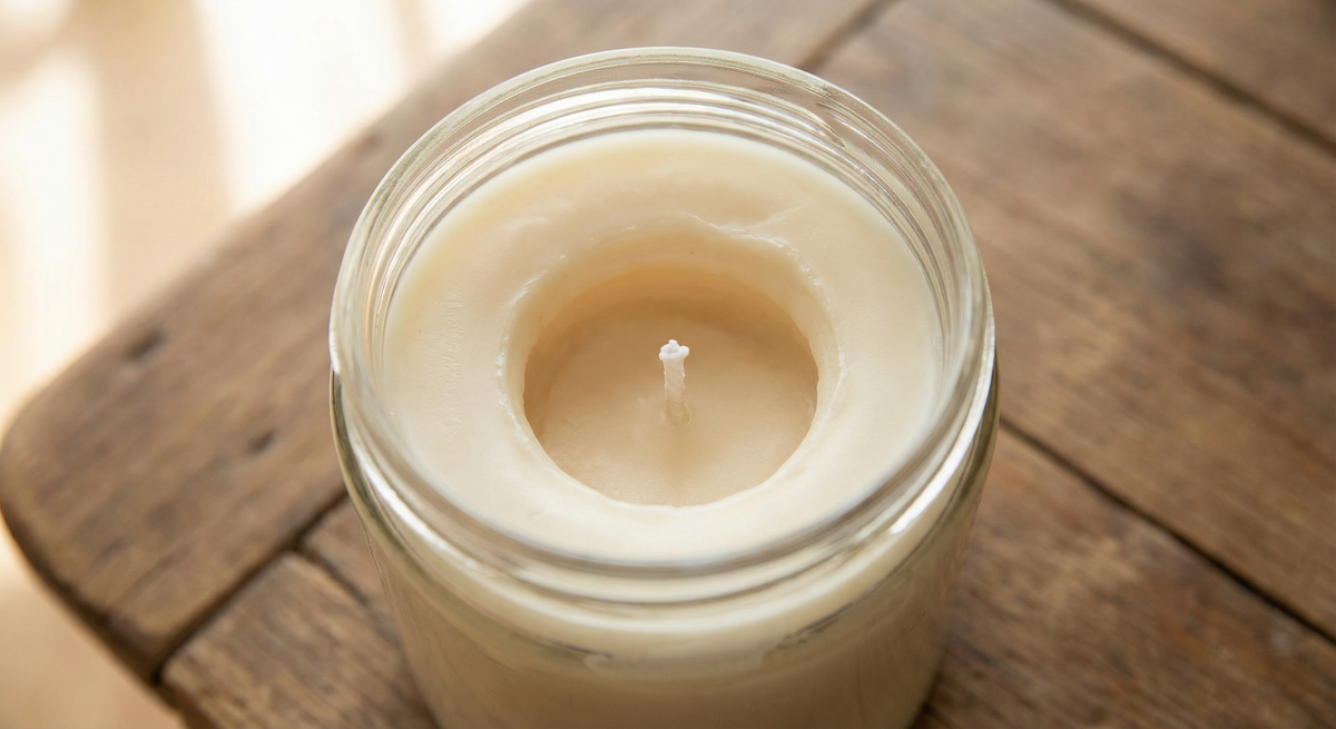 Overhead view of a glass jar candle with tunneling - a ring of unused wax surrounds a deep crater burned down the center