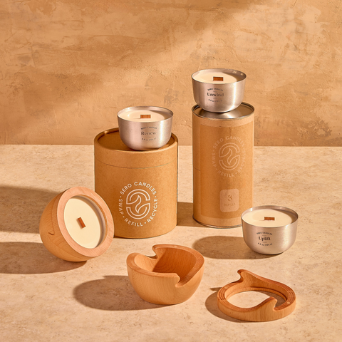 Recyclable candles with reusable wood containers and sustainable packaging - by Sero Candles